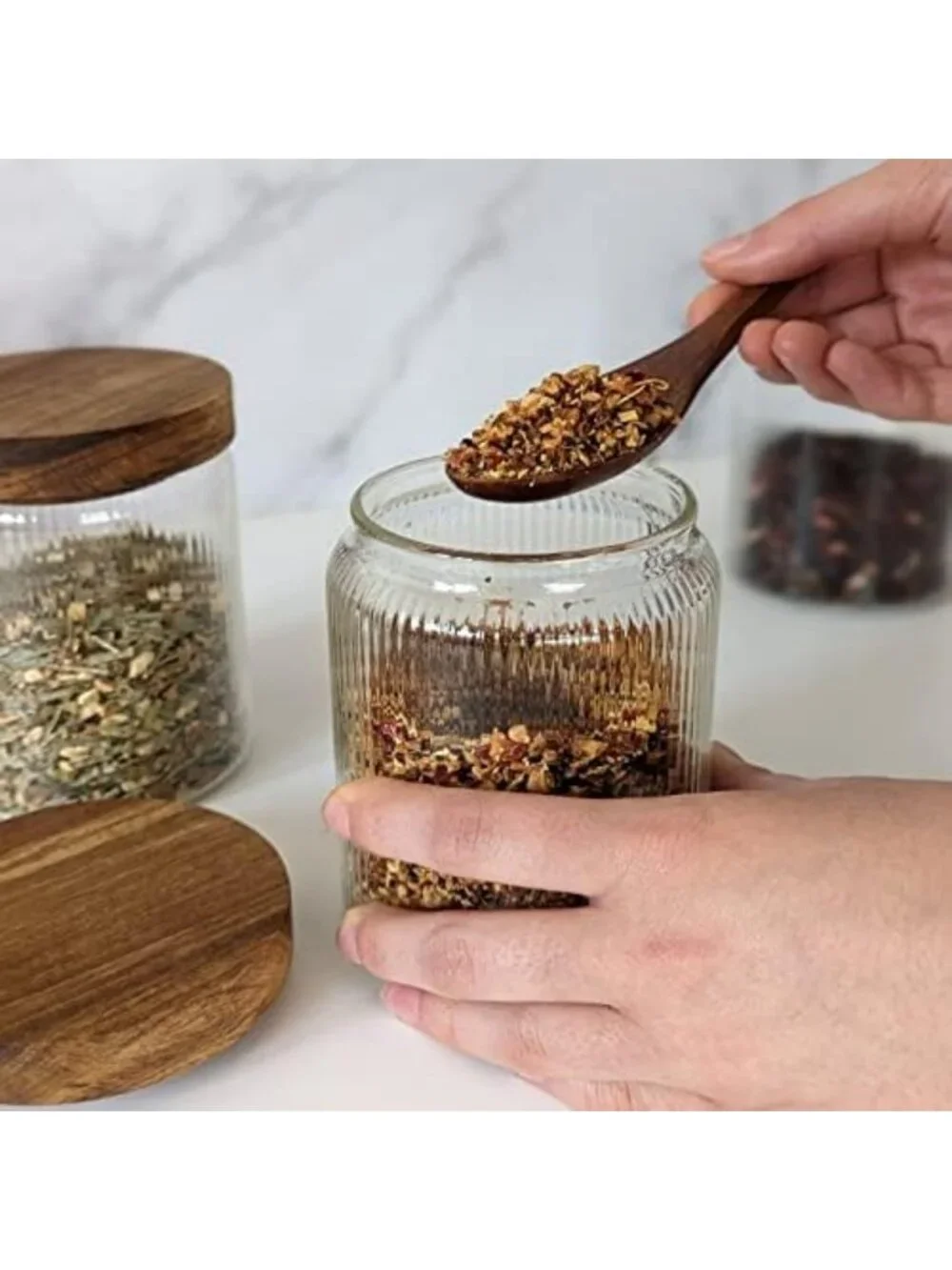 Ribbed Glass Storage Canisters with Wooden Lids, 17oz Set of 3 | Airtight